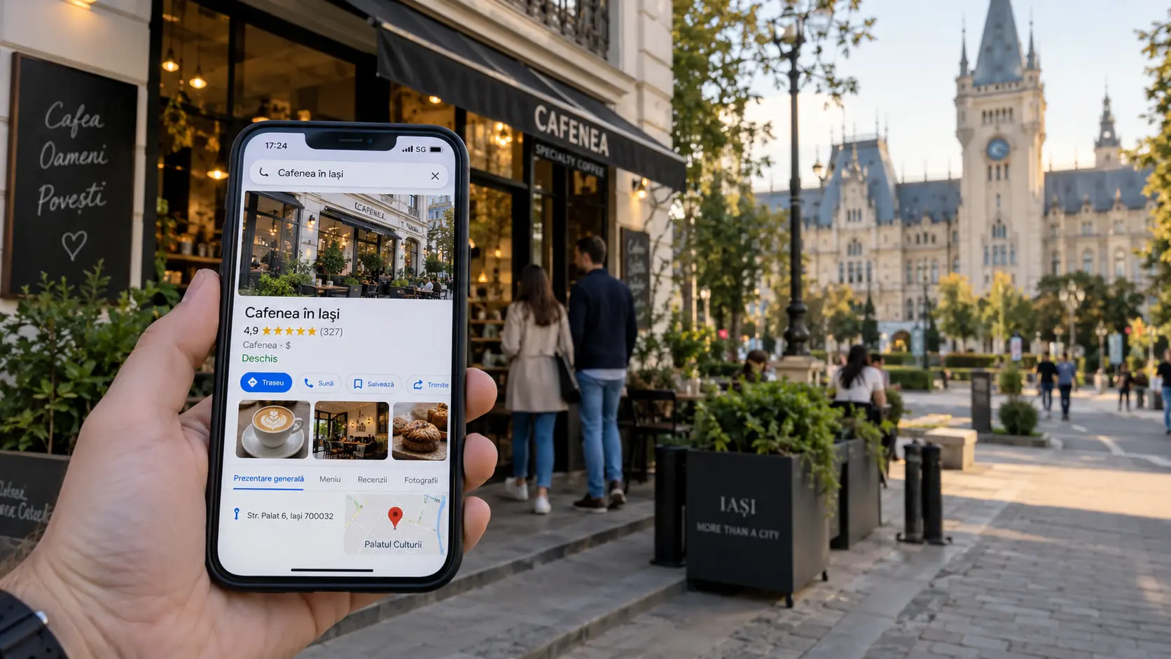 Telefon cu un profil de afacere pe Google Maps, în fața unei cafenele din Iași, cu recenzii și indicații de orientare, iar în fundal Palatul Culturii.